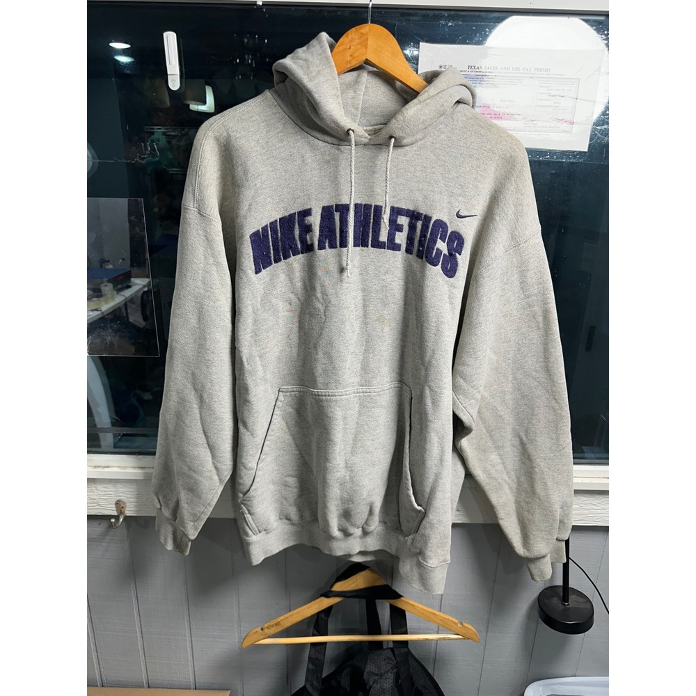 Vintage Nike Athletics Hoodie Heather Gray Navy Blue Logo Made in USA Large
